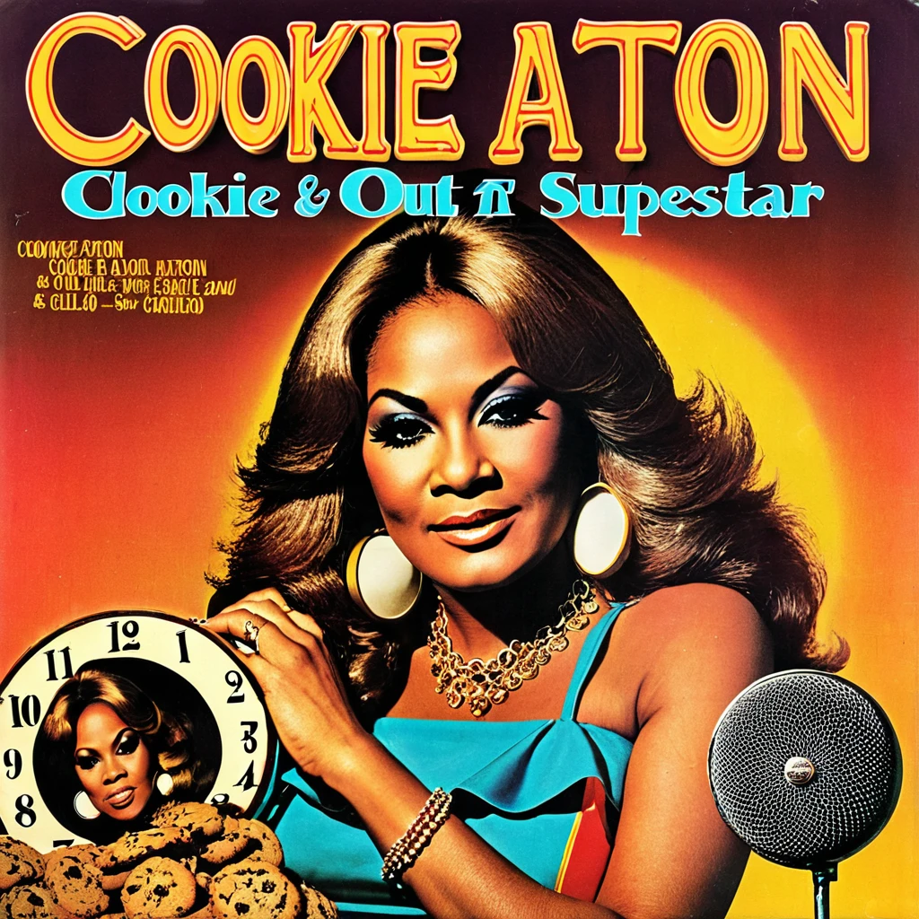 create a 1970s style vinyl album cover for female r&b superstar Cookie Eaton and her song called "Clock Out"