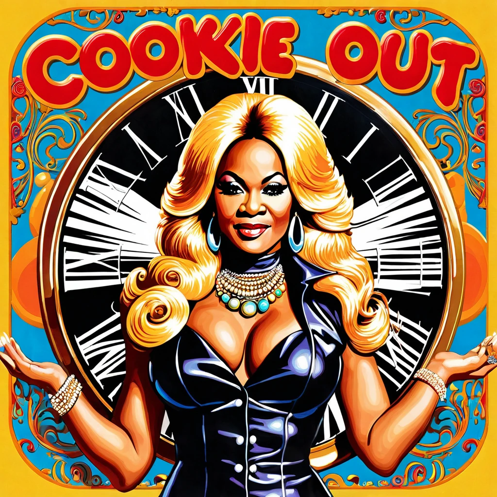 create a 1970s style vinyl album cover for female r&b superstar Cookie Eaton and her song called "Clock Out"