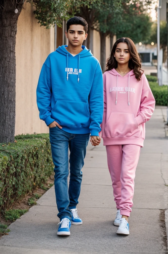 Boy and girl holding hands. The boy with a blue sweatshirt and the name Abel and the girl with a pink sweatshirt with the name Estela
