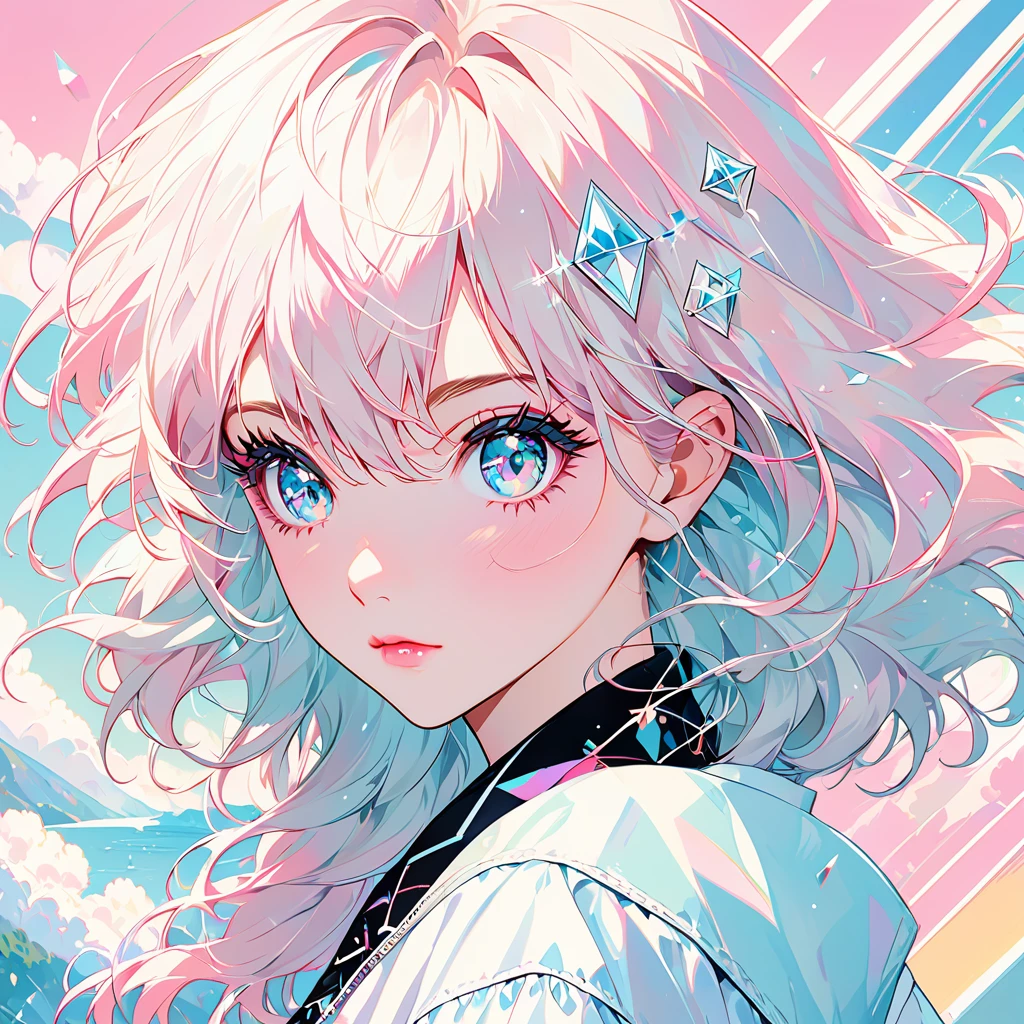 Eyes are diamonds"In pale colors,Like a 80's Jpop record jacket design.