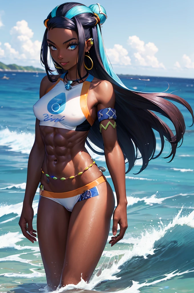 (anal,sex ,masterpiece, best quality:1.2), cowboy shot, solo, 1girl, 1man,nessa, dark skin, dark-skinned female, slight smile, looking at viewer, cum tribute, single hair bun, swimsuit, bikini, jewelry, necklace, earrings, belly chain, armlet, midriff, beach, (abs:1.5)