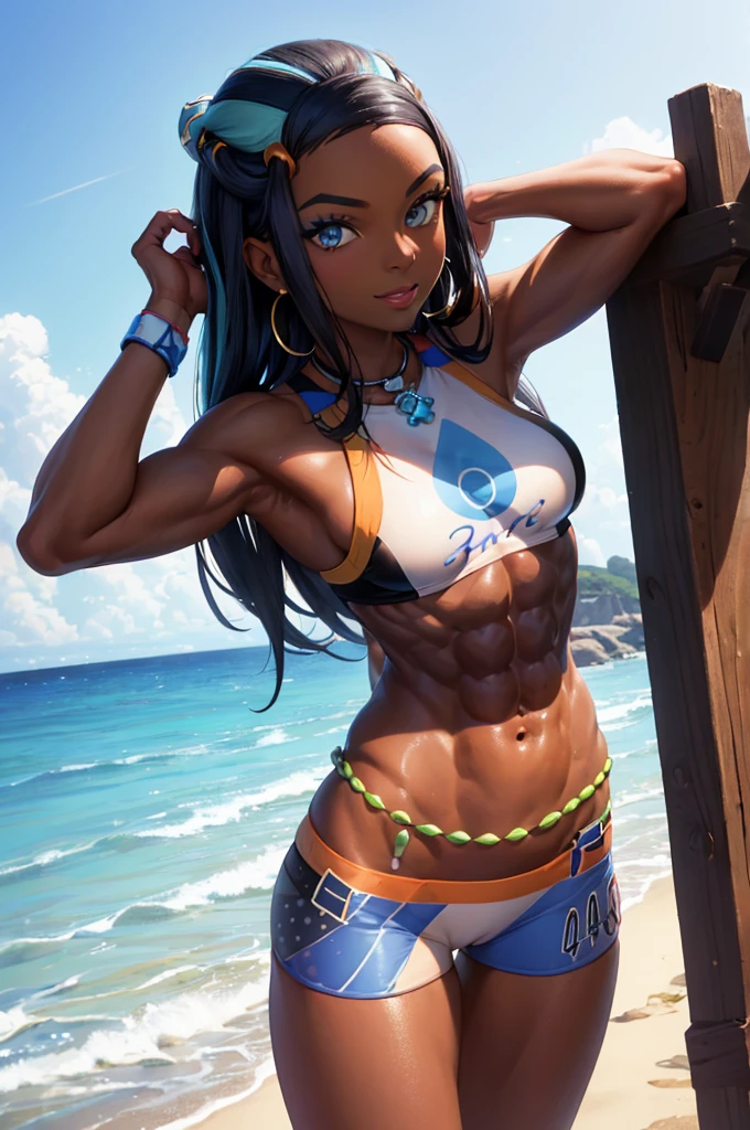 (anal,sex ,masterpiece, best quality:1.2), cowboy shot, solo, 1girl, 1man,nessa, dark skin, dark-skinned female, slight smile, looking at viewer, cum tribute, single hair bun, swimsuit, bikini, jewelry, necklace, earrings, belly chain, armlet, midriff, beach, (abs:1.5)