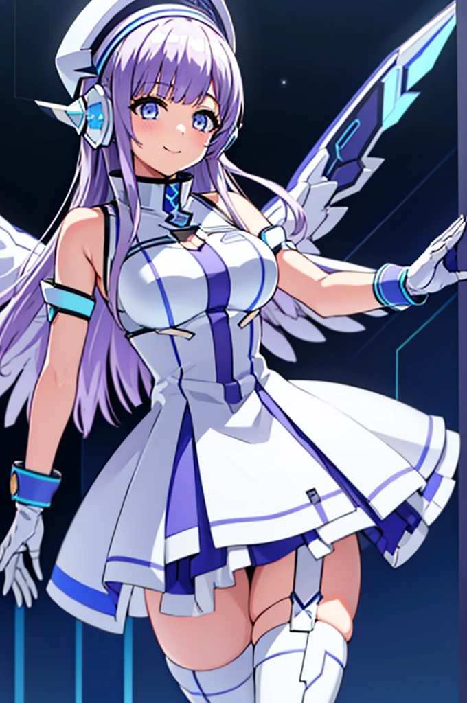 Mecha Wings、White and blue skirt、Accentuated thighs、White tights、chest、Beautiful light purple hair、1 girl、solo girl、Thick thighs、is、Frame Arms Girl、Alice Gere Aegis、White Armor、Blue and purple lines、income、headphone、hand on own chest、smile