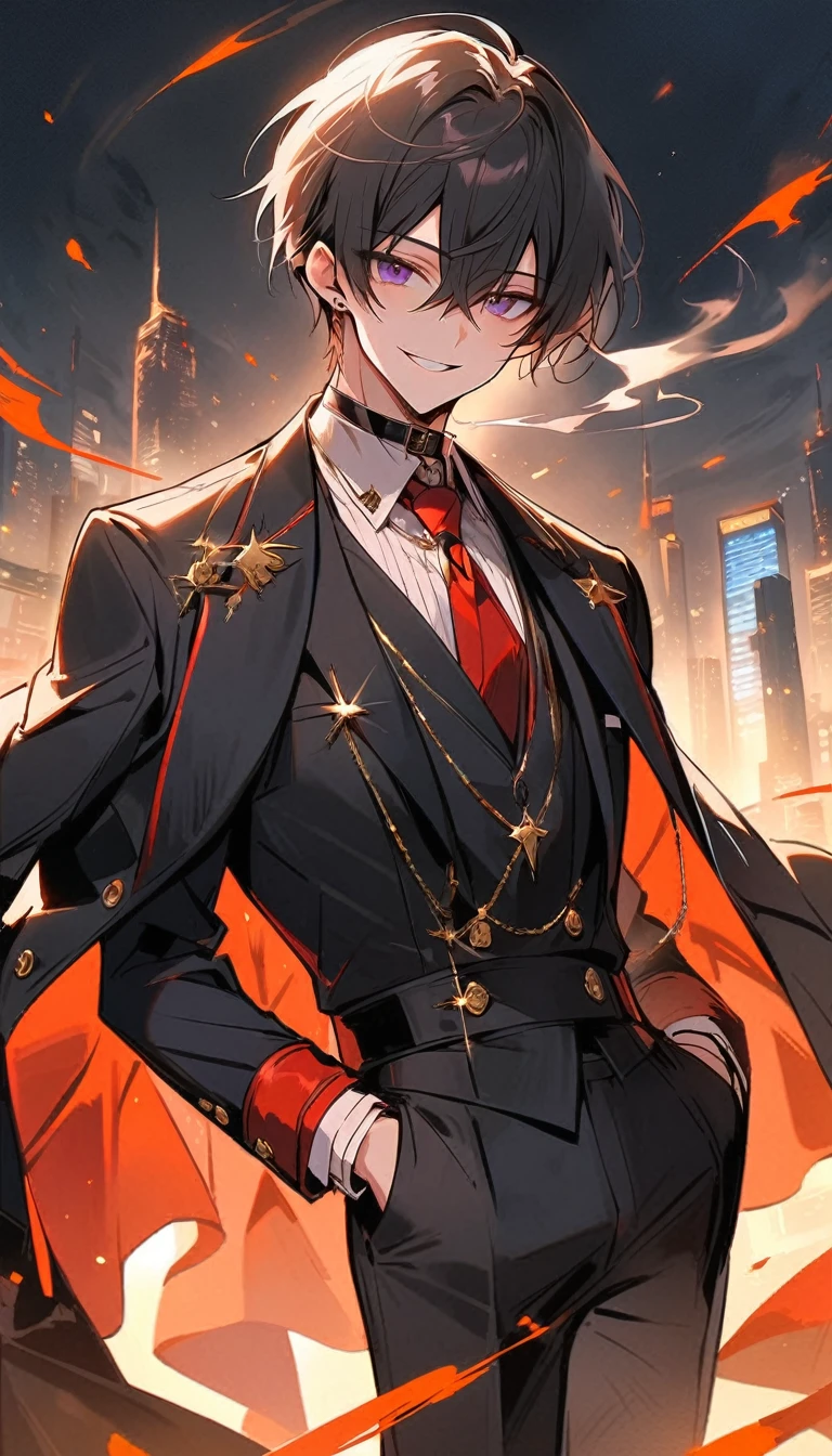 look good, alone, 1 man, short hair, Smiling faces,1. เด็กผู้ชายที่มีblack hairและสีม่วง, Medium Height, Slim shape, long coat, Black lining,look good, short hair, black hair, rainbow hair, purple eyes, 先端がスモーキーグレーのblack hair, Smoking, black light,smile、, bright, สายตาที่เฉียบคมทำให้ฉากbrightขึ้น,uniform,Fewer accessories,whole body,white background,(Masterpiece, Highest quality), Yi Sang_edge, Default_Costume, A boy., alone, red tie, black jacket, black vest, jacket on shoulders, white shirt, collar shirt, black pants, See your viewers, city, nighttime, knife,紫色に光るknife身