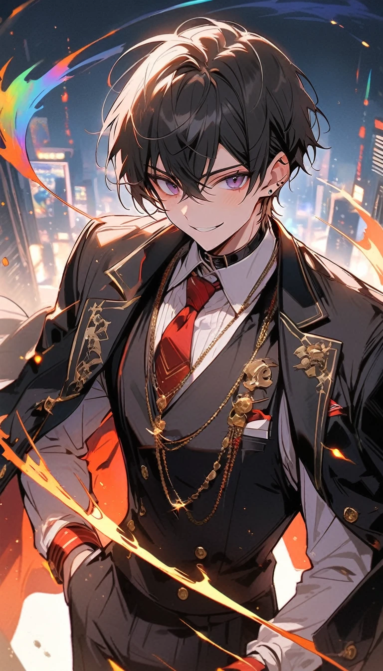 look good, alone, 1 man, short hair, Smiling faces,1. เด็กผู้ชายที่มีblack hairและสีม่วง, Medium Height, Slim shape, long coat, Black lining,look good, short hair, black hair, rainbow hair, purple eyes, 先端がスモーキーグレーのblack hair, Smoking, black light,smile、, bright, สายตาที่เฉียบคมทำให้ฉากbrightขึ้น,uniform,Fewer accessories,whole body,white background,(Masterpiece, Highest quality), Yi Sang_edge, Default_Costume, A boy., alone, red tie, black jacket, black vest, jacket on shoulders, white shirt, collar shirt, black pants, See your viewers, city, nighttime, knife,紫色に光るknife身