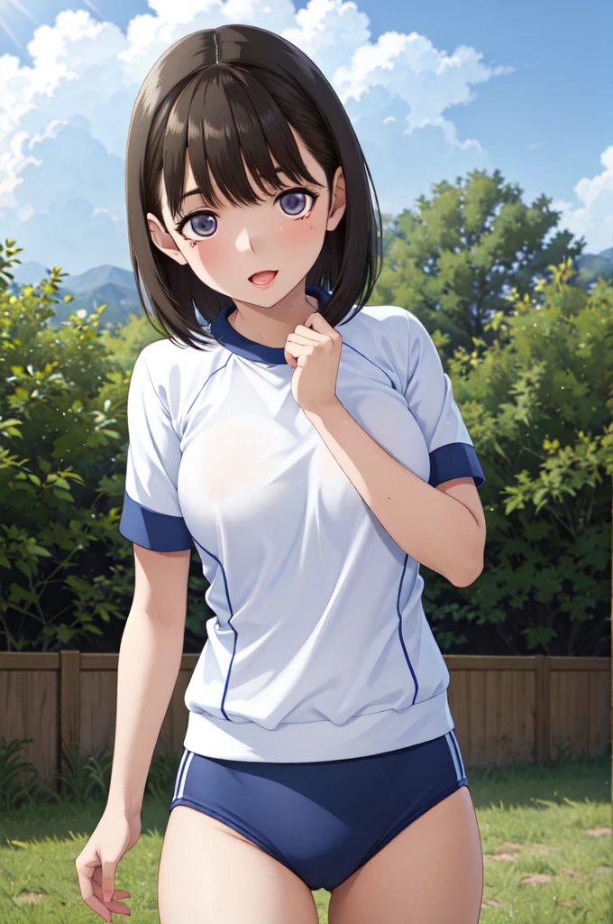 masterpiece, best quality, highres, aanene, short hair, buruma,gym uniform, standing, cowboy shot, outdoors, ahegao,nsfw,