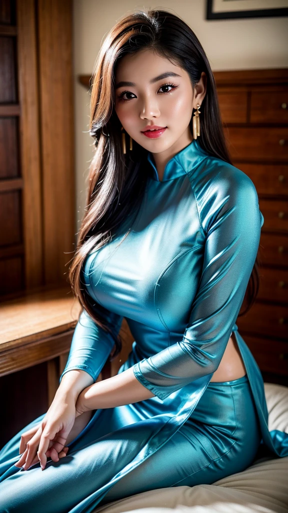 Detailed body, attractive body, perfect human body, realistic face,
(ultimate quality, masterpiece, highres:1.0), realistic:1.6, photorealistic,
[8k UHD photos, UHD high quality photos, Super detailed and super clear images],
Close-up of a Vietnamese girl two head with a detailed body, attractive body, perfect human body, realistic face,
(ultimate quality, masterpiece, highres:1.0), realistic:1.6, photorealistic,
[8k UHD photos, UHD high quality photos, Super detailed and super clear images],
Close-up of a Vietnamese girl with a beautiful face, tall and beautiful like a photo model,
, leggy, round face, big round eyes, Charming smile, Red lips, long curly eyelashes, big dimples, pointed chin, plump face, bright white skin, slim waist and long legs, wearing rings and earrings,
 Her face resembles Tuyet Linh, Tall and plump figure, wearing bright blue ao dai, sitting in front of the dressing table, sexy pose,
Super shiny bright blue satin ao dai,