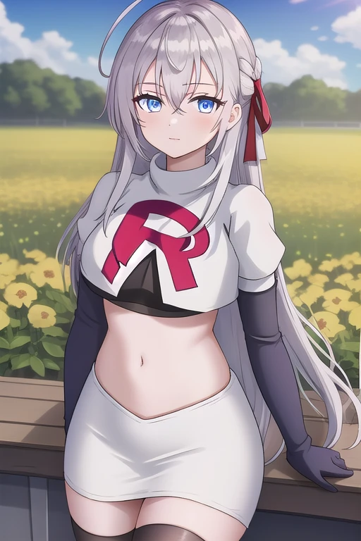 alisa,1girl,solo,long_hair,looking_at_viewer,bangs,blue_eyes,hair_between_eyes,hair_ribbon,ahoge,grey_hair,team rocket,team rocket uniform,white skirt,red letter R,crop top,black thigh-highs,black elbow gloves,flower_field