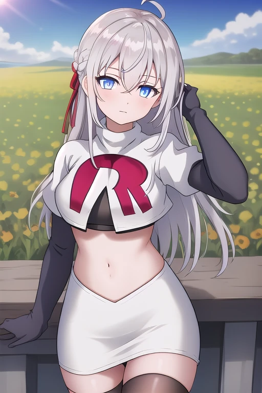 alisa,1girl,solo,long_hair,looking_at_viewer,bangs,blue_eyes,hair_between_eyes,hair_ribbon,ahoge,grey_hair,team rocket,team rocket uniform,white skirt,red letter R,crop top,black thigh-highs,black elbow gloves,flower_field