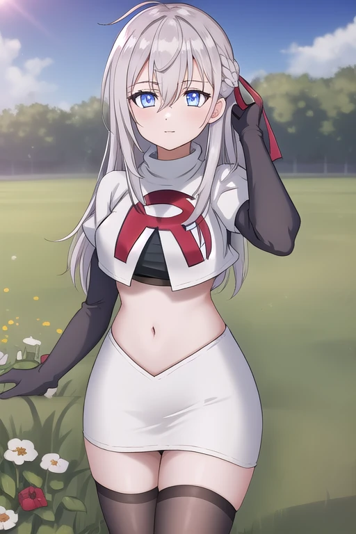alisa,1girl,solo,long_hair,looking_at_viewer,bangs,blue_eyes,hair_between_eyes,hair_ribbon,ahoge,grey_hair,team rocket,team rocket uniform,white skirt,red letter R,crop top,black thigh-highs,black elbow gloves,flower_field