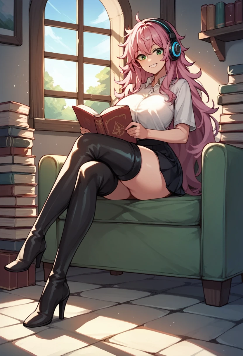 score_9, score_8_up, score_7_up, score_6_up, score_5_up, score_4_up, source_anime, 1girl, sit, headphones, pink hair, long hair, big breasts, green eyes, smile, messy hair, reading books, wardrobe, crossed legs, white shirt, skirt, black thigh high boots, heels, day, dungeon, best quality, best res, 4K UHD,