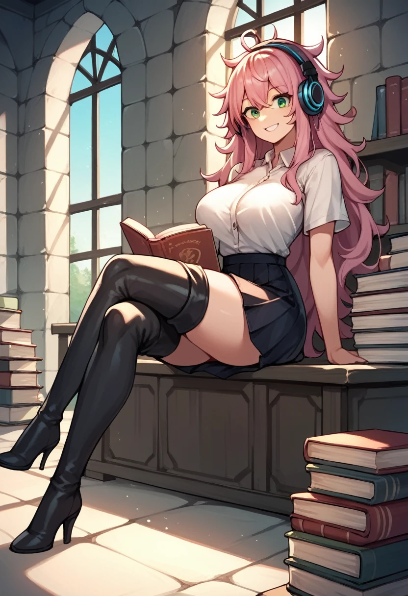 score_9, score_8_up, score_7_up, score_6_up, score_5_up, score_4_up, source_anime, 1girl, sit, headphones, pink hair, long hair, big breasts, green eyes, smile, messy hair, reading books, wardrobe, crossed legs, white shirt, skirt, black thigh high boots, heels, day, dungeon, best quality, best res, 4K UHD,