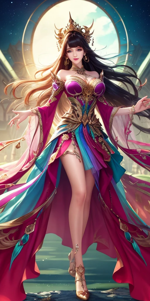 feet out of frame, masterpiece, hyper detail, intricate details, beautiful detailed, colourful, (shiny skin:1.3), (disheveled hair:1.2), detailed background, intricate background, highres, best quality, , 1girl, solo, long hair, disheveled hair, looking at viewer, full body, sexy, , outdoors, huge breasts, bodysuit, makeup, (pasties:1.2), evening,