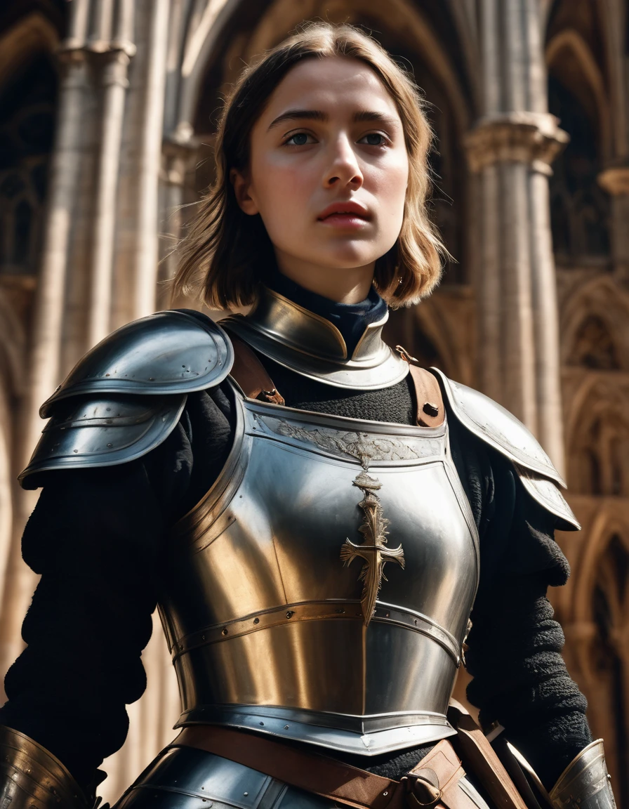 (best quality,4k,8k,highres,masterpiece:1.2),ultra-detailed,(realistic,photorealistic,photo-realistic:1.37),Jeanne d'Arc, Joan of Arc, female knight standing inside a cathedral, short brown hair, historical accurate armour, heroic posture, cinematic lighting, vibrant colors, great composition