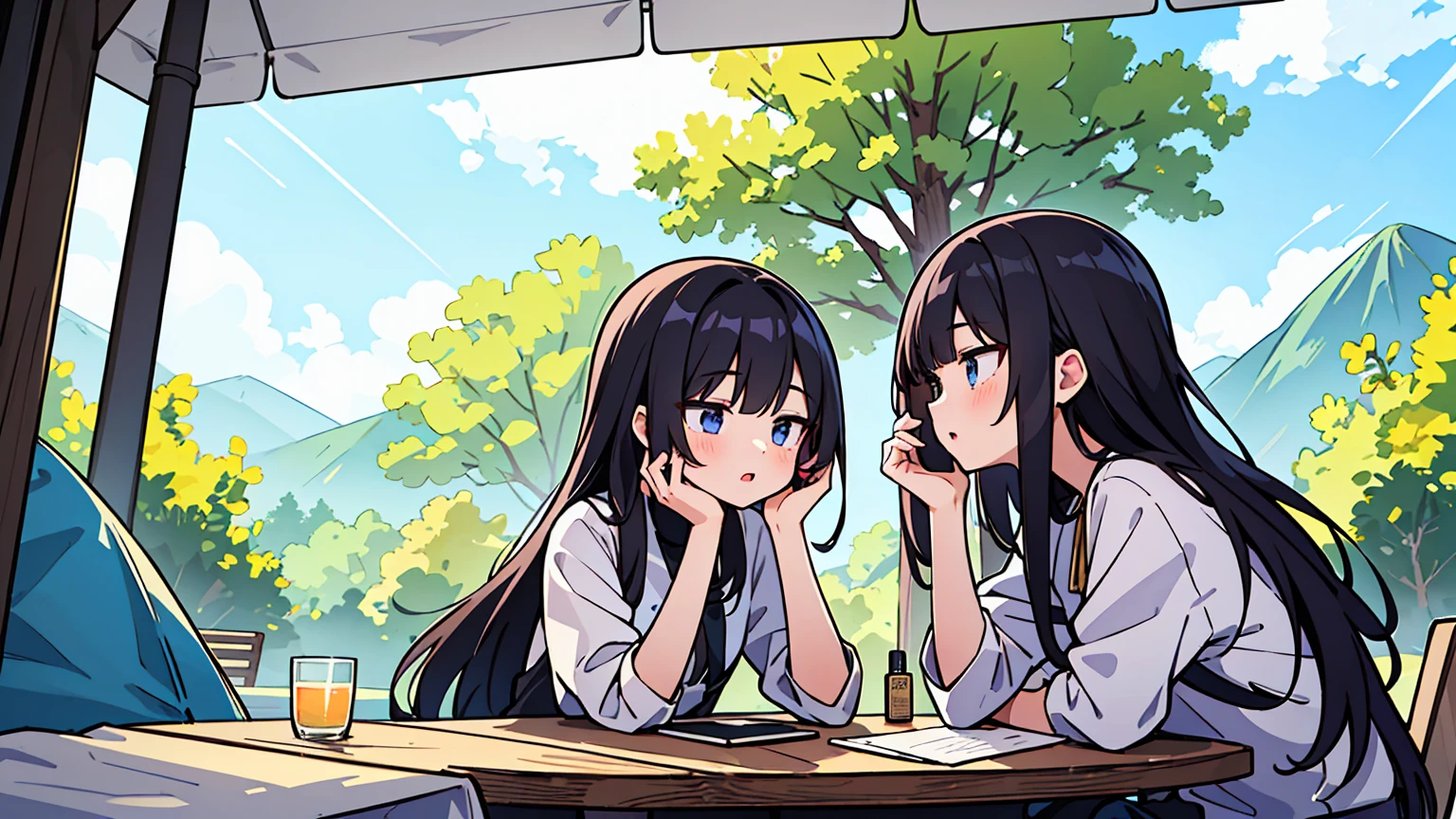 (masterpiece, best quality),18 years old, 2 women, black long hair,golden bob, different faces, Camping,outdoors, stylish outfit, chapped lips, cloud, sunlight, casual attire, whole body, from the side, Camping장에서, study at the table,My eyes are on the note, stylish outfit,

