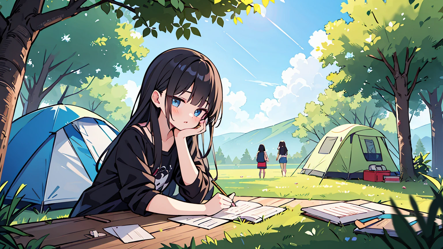 (masterpiece, best quality),18 years old, 2 women, black long hair,golden bob, different faces, Camping,outdoors, stylish outfit, chapped lips, cloud, sunlight, casual attire, whole body, from the side, Camping장에서, study at the table,My eyes are on the note, stylish outfit,