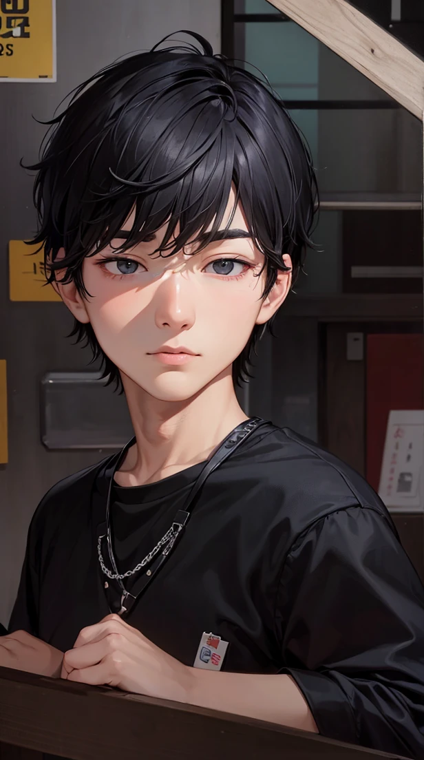 Man with short black hair、20-year-old man、sullenness、facing front、up of face