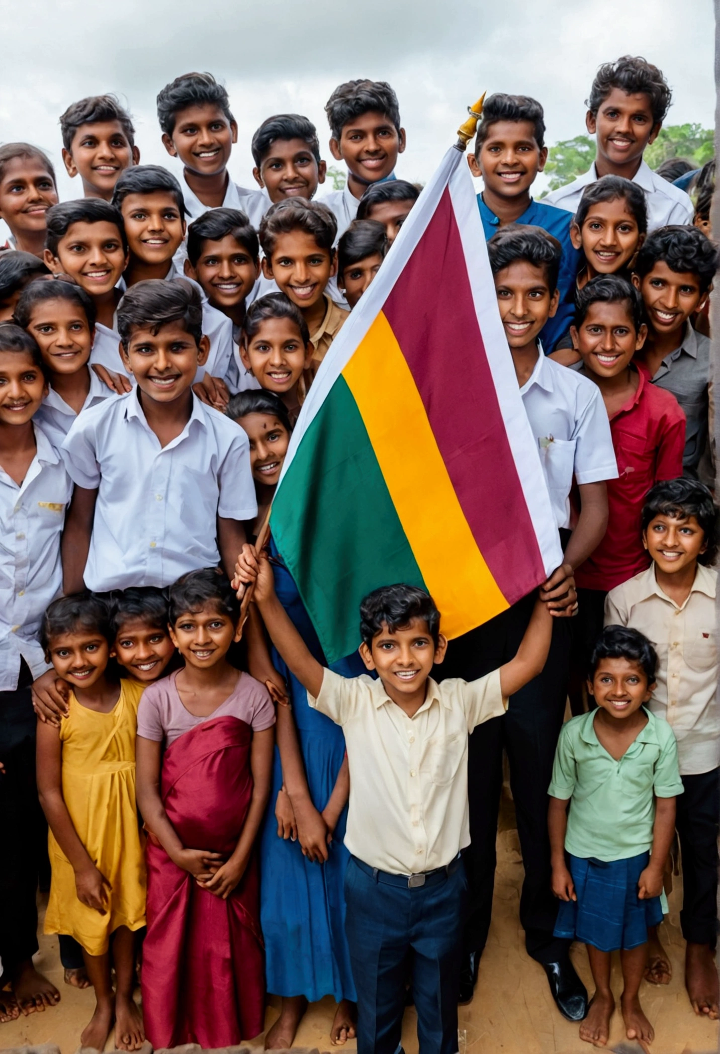 A Sri Lankan youth holding a Sri Lankan flag with a group of people