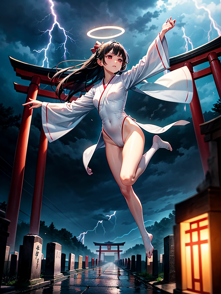 Highest Resolution,Highest quality,A beautiful girl with no expression in a white kimono leotard,(((No legs))),High leg,Floating in the air,Very beautiful red eyes,Black hair semi-long hair,Halo,thunderstorm,Bad weather,Japanese Cemeteries,A road lined with gravestones,1Two Red Torii Gates,Company,Bamboo grove,lightning,Lightning strikes,whole body,up,front,