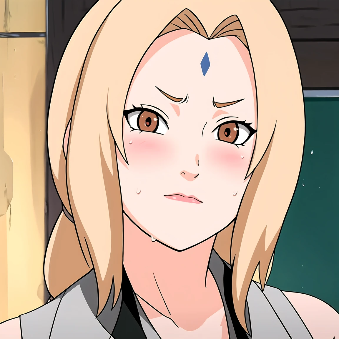 (POV Kiss | Peck | Thick Lips : 1.3), blue dress, garden background, tsunade, anime cels style, best quality, high resolution, 1girl, (large breasts:1.2), beautiful face, long hair, blonde hair,, ((hair over one eye)), lipstick, cowboy shot, light smile