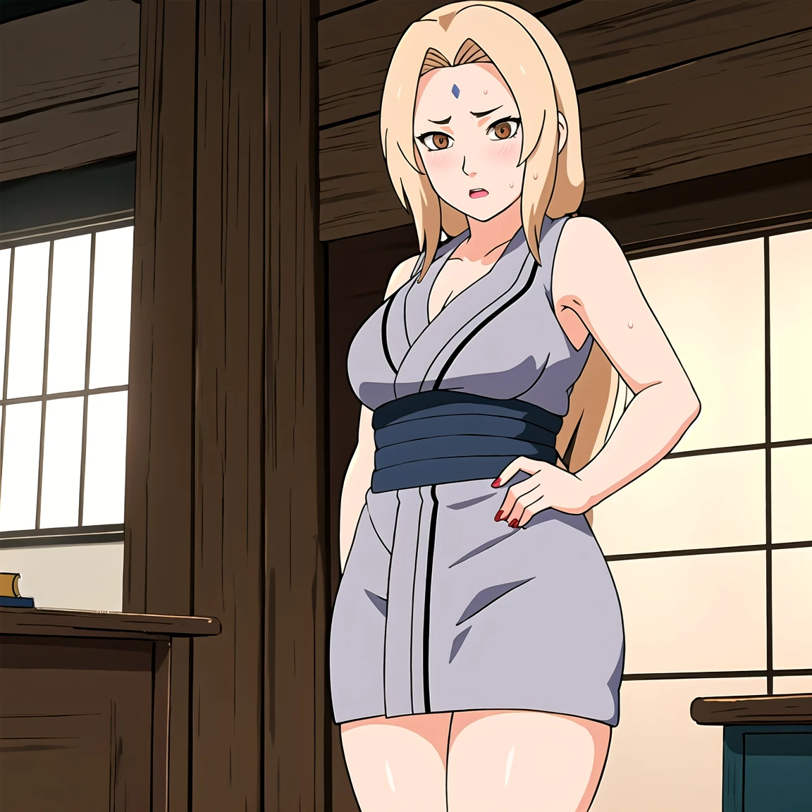 Tsunade , Brown eyes , Blonde Hair , Forehead Mark , (8K, RAW photos, best quality, masterpiece:1.2), (Intricate details), Perfect eyes, Perfect face, Perfect lighting, beautiful, (masterpiece:1.2), (best quality:1.2), 1 Girl, White shirt , Denim shorts ,  ,（Vision（blush，nervous，Vision，classroom，bookshelf，Standing，Snake spirit face，））masterpiece， absurd ， （Intricate details）， （Colorful）， light， Extremely detailed CG unity 8k wallpaper ，1 Girl， solo，（shy，classroom，night，blush，nervous，Sweating，蕾丝dress， ），sweat，blush，blush1.5，Blush，Medium chest，（（dress，Black stockings，）），（dress，Standing，Uncomfortable expression，Mouth open，spit）