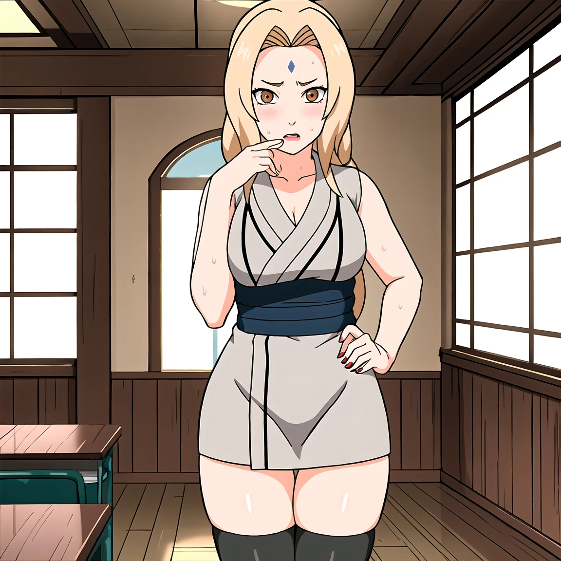 Tsunade , Brown eyes , Blonde Hair , Forehead Mark , (8K, RAW photos, best quality, masterpiece:1.2), (Intricate details), Perfect eyes, Perfect face, Perfect lighting, beautiful, (masterpiece:1.2), (best quality:1.2), 1 Girl, White shirt , Denim shorts , ,(Vision(blush,nervous,Vision,classroom,bookshelf,Standing,Snake spirit face,))masterpiece, absurd , (Intricate details), (Colorful), light, Extremely detailed CG unity 8k wallpaper ,1 Girl, solo,(shy,classroom,night,blush,nervous,Sweating,蕾丝dress, ),sweat,blush,blush1.5,Blush,Medium chest,((dress,Black stockings,)),(dress,Standing,Uncomfortable expression,Mouth open,spit)