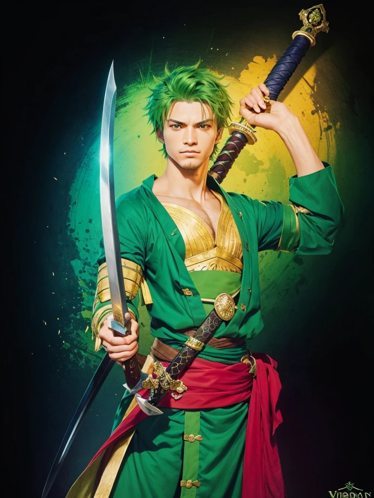 A swordsman, with green clothes, short green hair, with swords in hand.