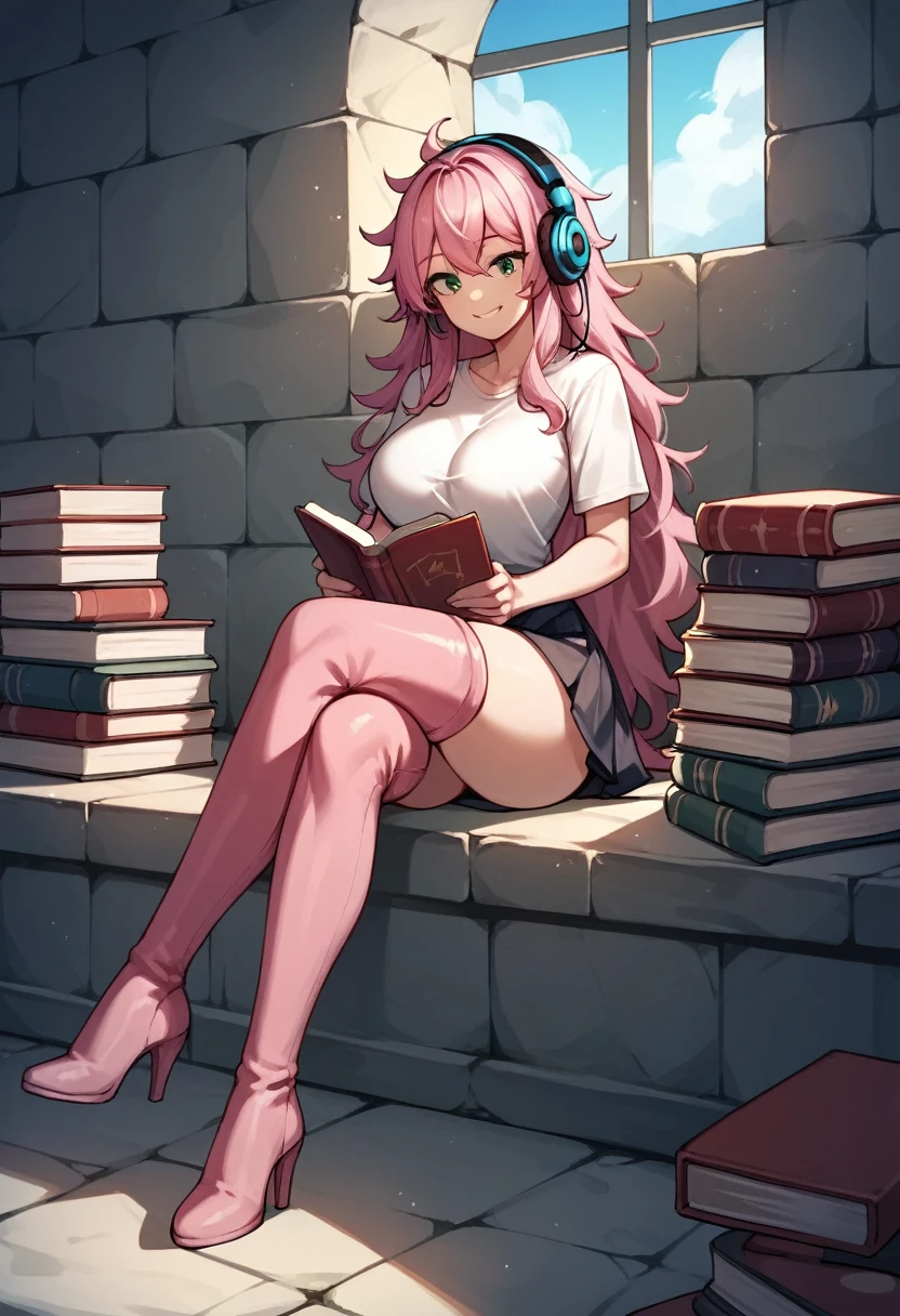 score_9, score_8_up, score_7_up, score_6_up, score_5_up, score_4_up, source_anime, 1girl, sit, headphones, pink hair, long hair, big breasts, green eyes, smile, messy hair, reading books, wardrobe, crossed legs, white shirt, skirt, pink thigh high boots, heels, day, dungeon, best quality, best res, 4K UHD,
 