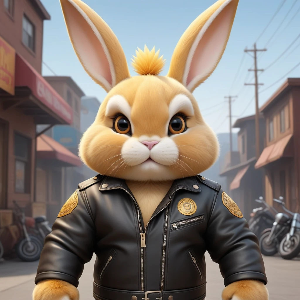 cartoon of (a tough rebel white golden bunny dressed as a biker gang, leather jacket, Mohican:2.5), looking ahead at viewer, Symmetrical, chromatic fantasy, highy detailed, 8k, digitalpainting, oil painting, illustration, conceptual artwork, sharp focus, volumetric lighting, epic composition, CG Society, golden art station