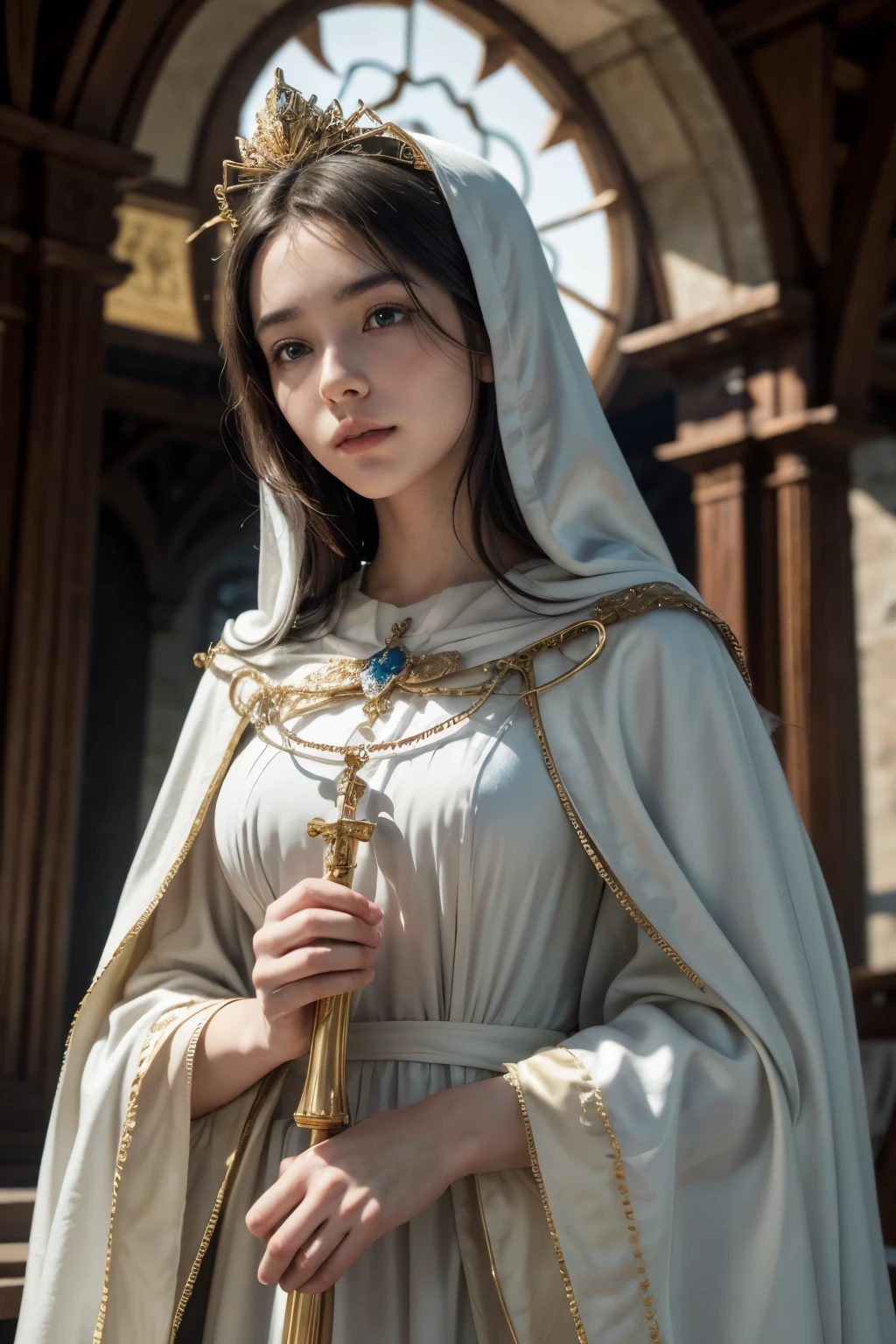 "Describe an image of Our Lady of Mount Carmel in high definition. She is portrayed in a serene and heavenly setting, with vivid details and soft colors that convey peace and tranquility. The figure of Our Lady is delicately sculpted, with a sky blue cloak that seems to flow gently around her. His expression is serene and compassionate, eyes slightly lowered in contemplation. In one hand, holds the brown scapular characteristic of Carmel, while the other rests gently on the chest. The golden crown on your head shines softly, emitting an aura of holiness. Ao fundo, a clear blue sky dotted with white clouds creates a soft contrast with the figure of Our Lady. Details such as the soft glow of the halo around his head and the texture of the cloak's fabrics are clearly visible, standing out in sharpness and depth."
