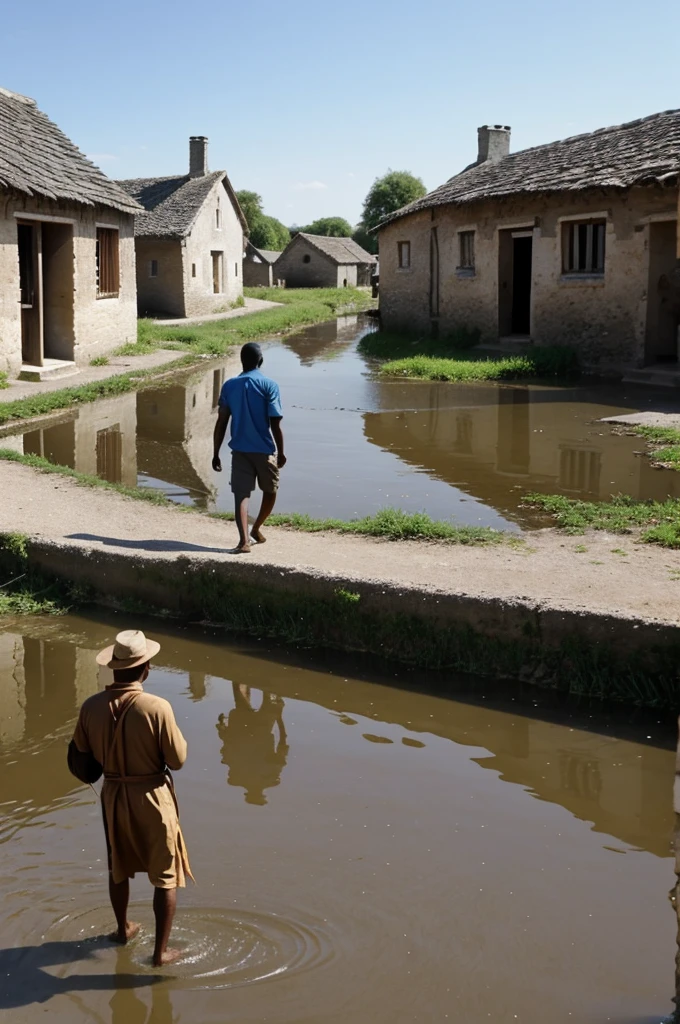 Un homme qui marche dans un village avec elle sous la tête et quitte propulser de l'eau