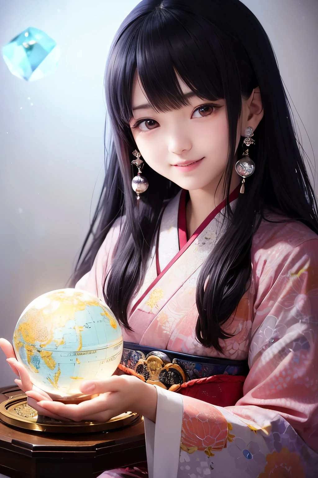 a 16 year old japanese girl performing a fortune-telling ritual, a large glowing crystal ball, smiling cheerfully, happy and lighthearted atmosphere, detailed face and eyes, beautiful long hair, traditional japanese clothing, intricate jewelry, warm lighting, glowing crystal ball, seamless blending of elements, photorealistic, 8k, high quality, elegant, masterpiece