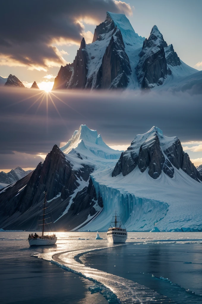 "CREATE A HIGH QUALITY IMAGE, with advanced levels of detail and cinematic style, depicting a ship sailing between towering glaciers. The scene must capture the grandeur and cold beauty of the arctic environment, with the ship cutting through the icy water, surrounded by large blocks of blue ice and snow-capped mountains in the background. Lighting should be dramatic, highlighting sun reflections on icy surfaces and creating striking shadows. The image should convey a sense of adventure and challenge, with an atmosphere that is both majestic and inhospitable."
---