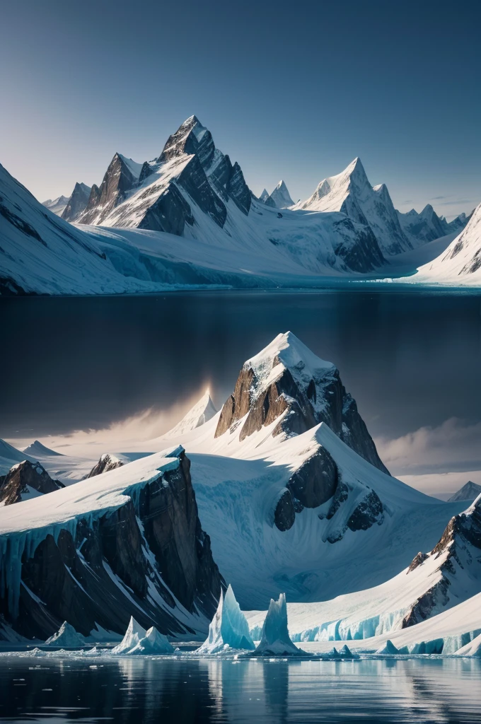 "CREATE A HIGH QUALITY IMAGE, with advanced levels of detail and cinematic style, depicting a ship sailing between towering glaciers. The scene must capture the grandeur and cold beauty of the arctic environment, with the ship cutting through the icy water, surrounded by large blocks of blue ice and snow-capped mountains in the background. Lighting should be dramatic, highlighting sun reflections on icy surfaces and creating striking shadows. The image should convey a sense of adventure and challenge, with an atmosphere that is both majestic and inhospitable."
---