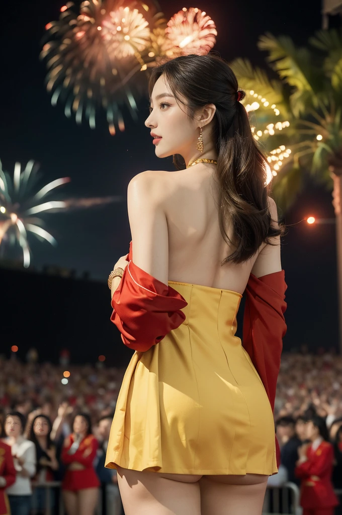 (((best quality))),(((ultra detailed))),(((masterpiece))),illustration, ((Olympic Opening Ceremony,in Paris,summer night,magnificent National stadium of France,Olympic flame, fireworks)),(crowded crowds of enthusiastic spectators:1.3),((a beautiful Chinese girl,solo)),((shoulder length straight hair:1.2)),((slim,thin)),((shoulder off,strapless,bare back,towering hips,butt crack)),(red blazer:1.5),(yellow dress:1.2),excited expression, awe, celebrating, electric atmosphere, sense of pride, excitement, playing field, crowd energy, unity, camaraderie, representing China, historic event, memorable moment,((from back,upper body))
