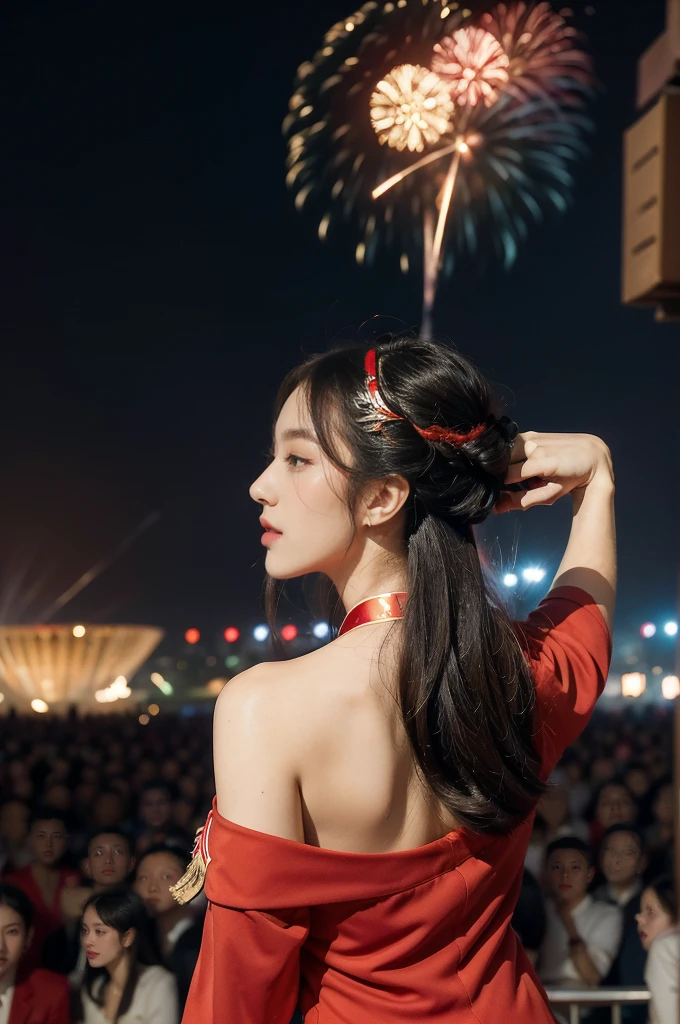 (((best quality))),(((ultra detailed))),(((masterpiece))),illustration, ((Olympic Opening Ceremony,in Paris,summer night,magnificent National stadium of France,Olympic flame, fireworks)),(crowded crowds of enthusiastic spectators:1.3),((a beautiful Chinese girl,solo)),((shoulder length straight hair:1.2)),((slim,thin)),((shoulder off,strapless,bare back,towering hips,butt crack)),(red blazer:1.5),(yellow dress:1.2),excited expression, awe, celebrating, electric atmosphere, sense of pride, excitement, playing field, crowd energy, unity, camaraderie, representing China, historic event, memorable moment,((from back,upper body))