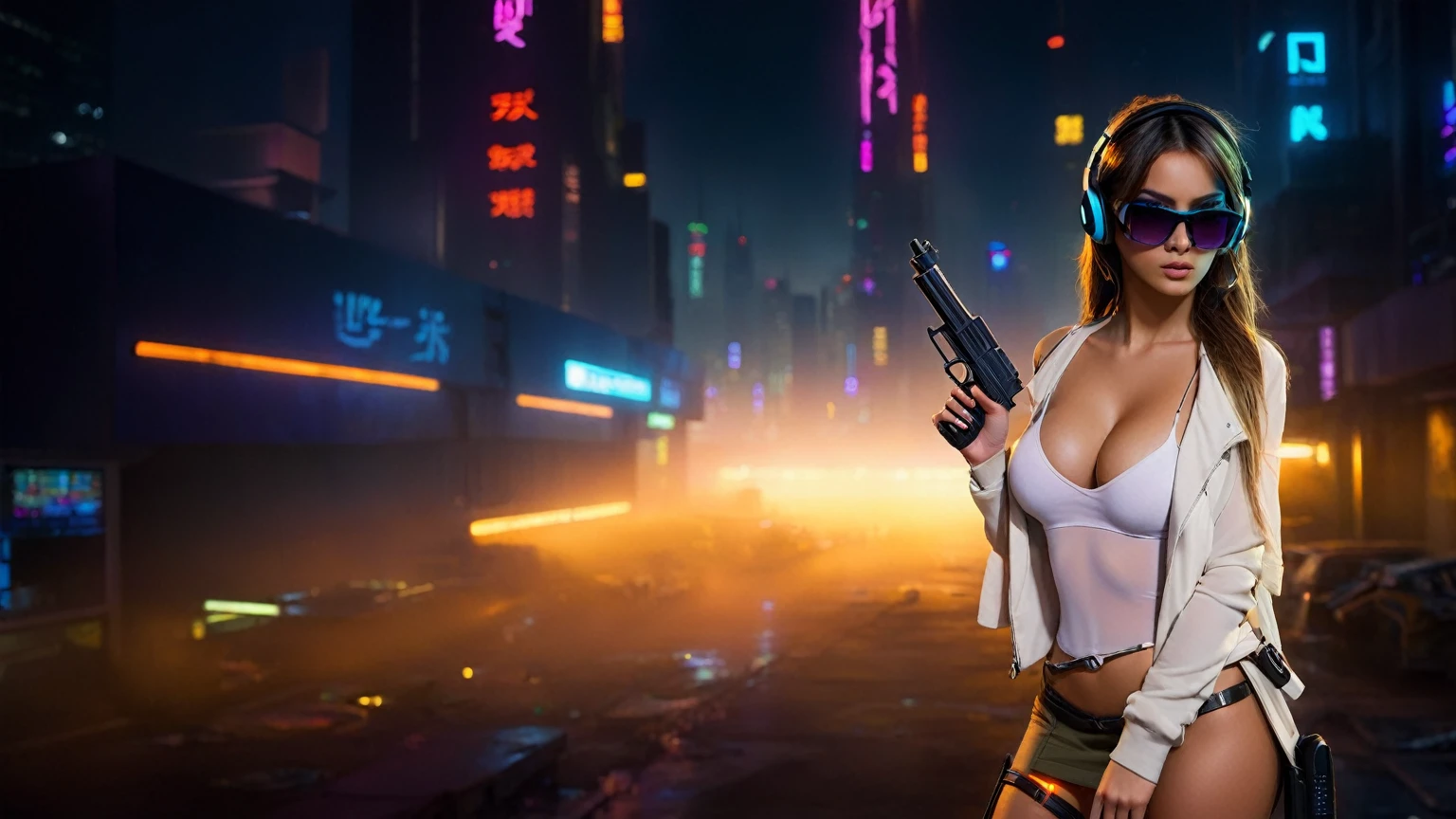 dark futuristic landscape, at night, neon lights, Atmospheric fog, large buildings in the background, futuristic city, streets with open shops, skyscraper (postapocalyptic city:1.3). (((1girl, solo, alone))), large-breast:1.2 slim body, cleavage:1.1, sexy miniskirt, (((headphone, black sunglasses, standing and holding pistol pose))), (((half-body thigh level medium shot))), cinematic lighting, lens flare, ray tracing.