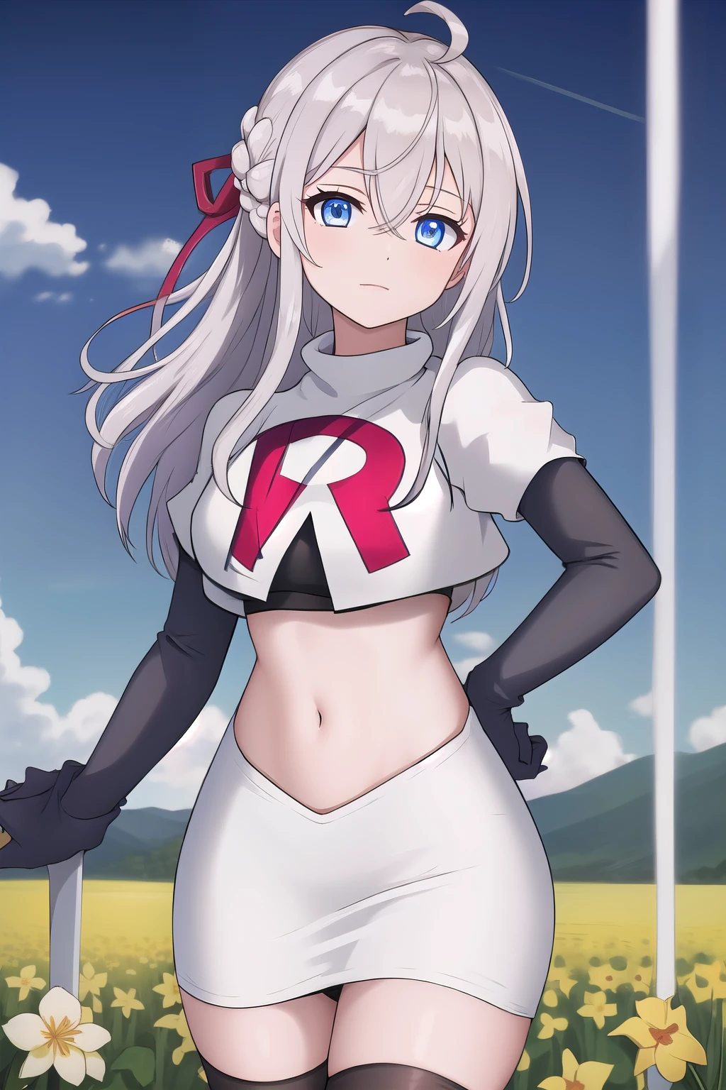 alisa,1girl,solo,long_hair,looking_at_viewer,bangs,blue_eyes,hair_between_eyes,hair_ribbon,ahoge,grey_hair,team rocket,team rocket uniform,white skirt,red letter R,crop top,black thigh-highs,black elbow gloves,flower_field