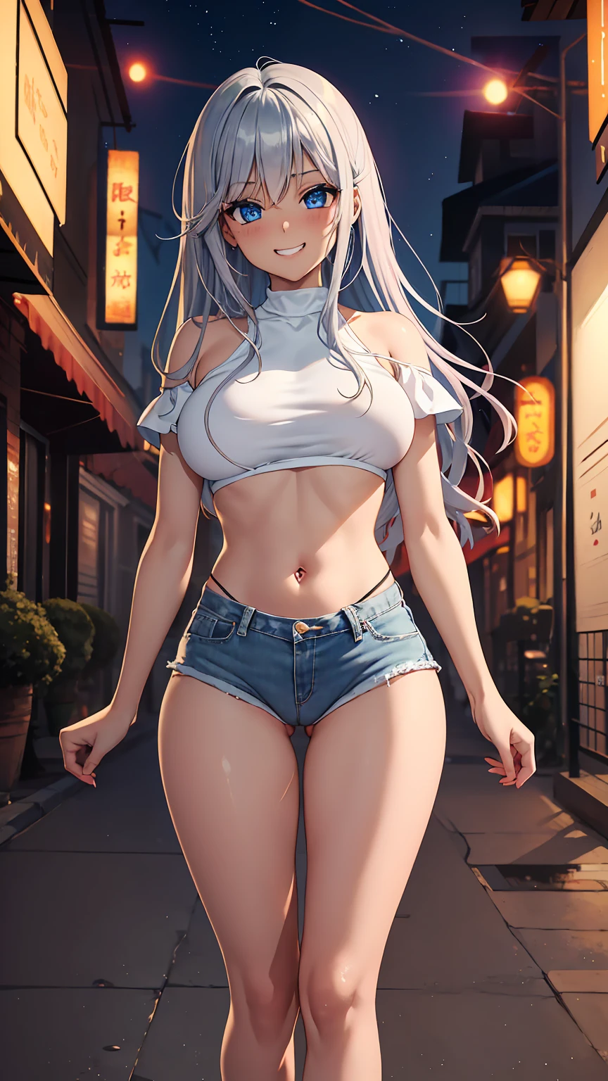 1girl, anime girl, anime, (dark skin), 2d girl, y, (fullbody), standing, anime girl, blue eyes, seductive grin, (silver hair), shirt, Solo, Slim, large breasts, big , big Breasts, Tight Shorts, low waist shorts, upshorts, The night beach background, city lights, looking at viewer, darker shadows, pink shorts, (((vulva format through shorts))), (((explicit))), (((shorts))), (((absurdres))), (((thigh gap))), (((cameltoe))), (((cleft of venus))), (((lowleg shorts))), (((innie pussy))), (((inniepussy))), (((innie_pussy)))