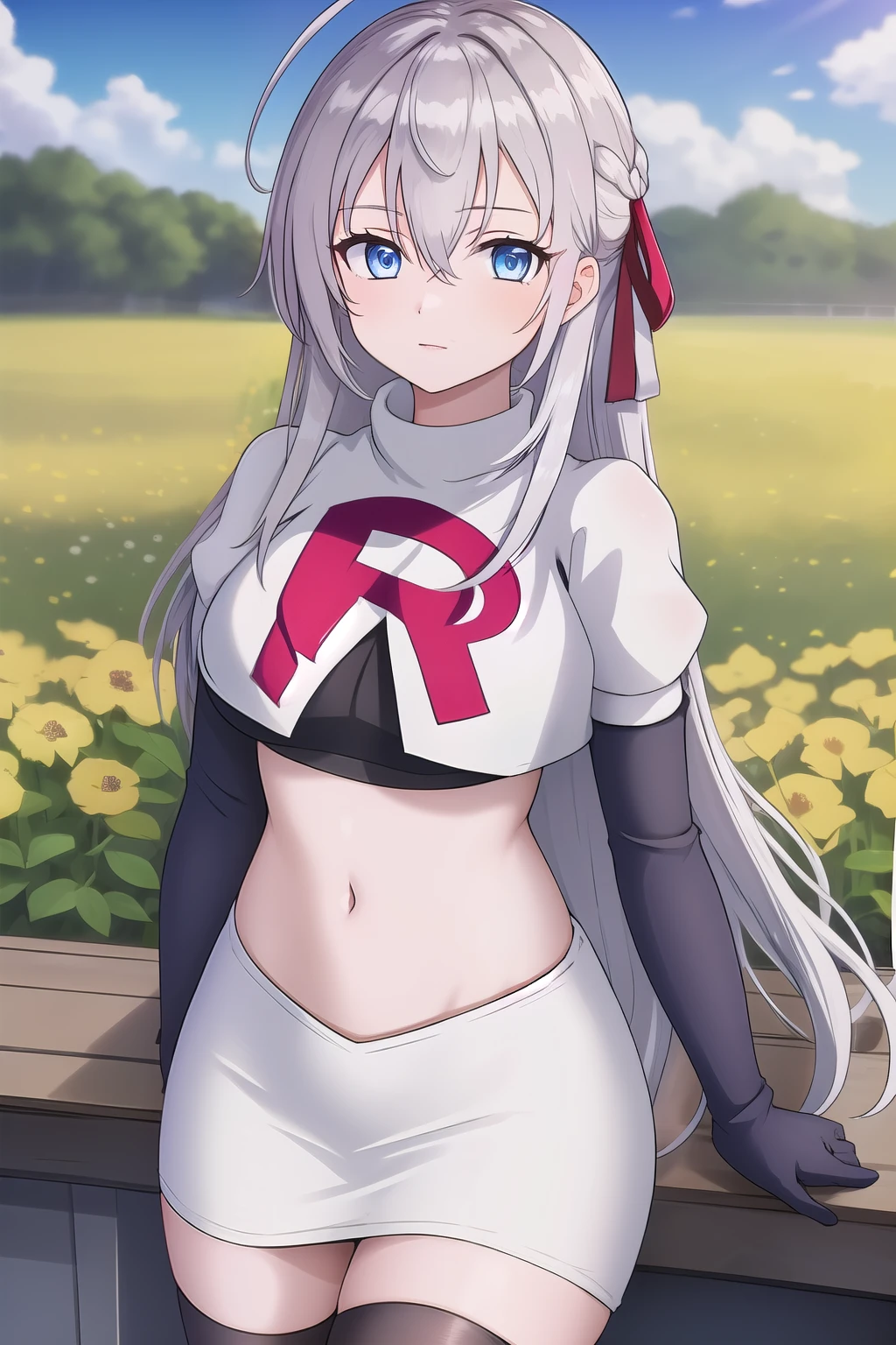 alisa,1girl,solo,long_hair,looking_at_viewer,bangs,blue_eyes,hair_between_eyes,hair_ribbon,ahoge,grey_hair,team rocket,team rocket uniform,white skirt,red letter R,crop top,black thigh-highs,black elbow gloves,flower_field