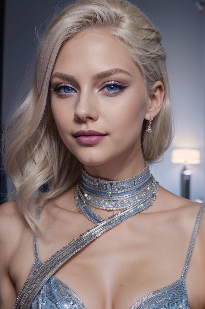 Tall, platinum blonde hair, blue eyes, glamorous makeup, high fashion, elegant, confident, luxurious, miling, full color, real teen 18 years old, 4k, Hair: Platinum blonde
Eyes: Blue
Makeup: Glamorous, with emphasis on bold lips and eye makeup
Style: High fashion and elegant