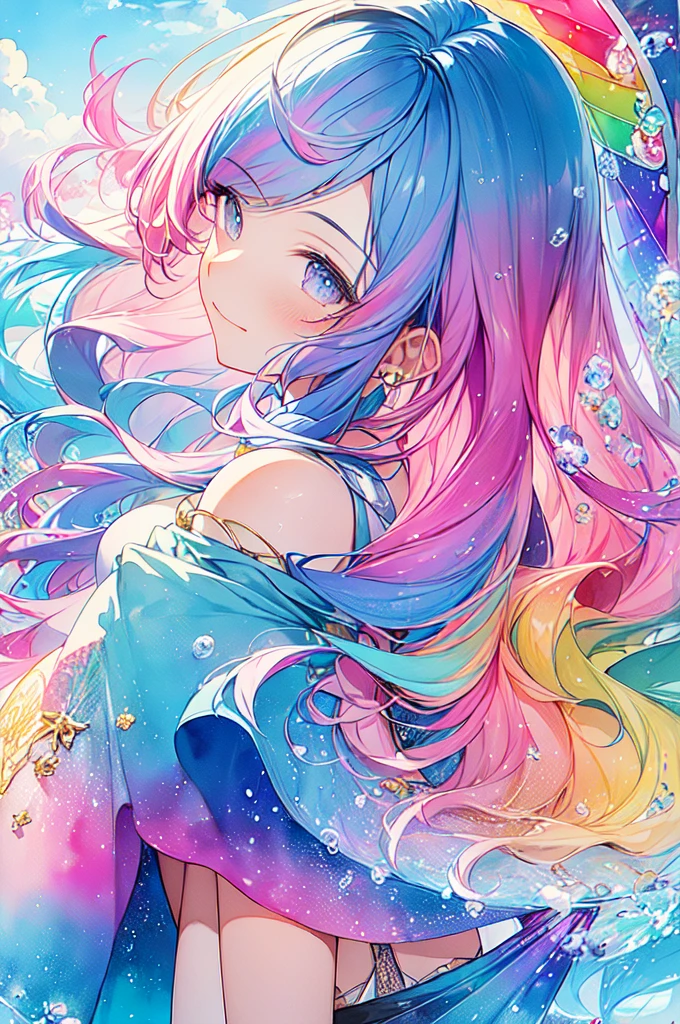 (masterpiece, Highest quality, Highest quality,watercolor (Moderate),Official Art, beautifully、beautiful:1.2),(1 girl:1.3), (Fractal Art:1.3),Upper Body, From the side, Looking at the audience,pattern,(Rainbow Hair,colorful hair,Half blue、Half pink hair:1.2),water,liquid, cloud,colorful, Starry Sky,performer,