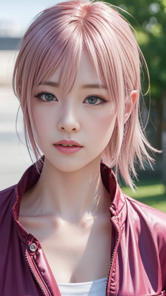 Close-up of two women with pink hair and red jackets, Anime realism style, Unreal 5. RPG Portrait, cgsociety portrait, Realistic art style, Smooth anime CG art, Photorealistic Anime Girl Rendering, Realistic anime 3D style, Loss Draw 1. 0, Realistic 3D animation, ArtJam ; 3d unreal engine, Realistic anime art style,The background is a park,