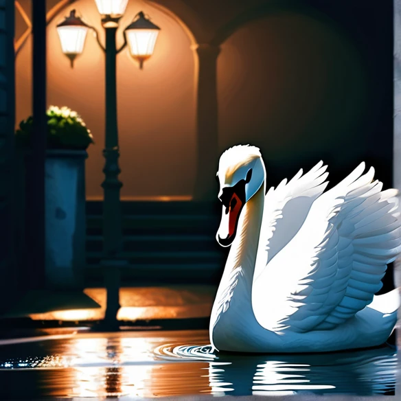 Imagine a swan on a dark street in love