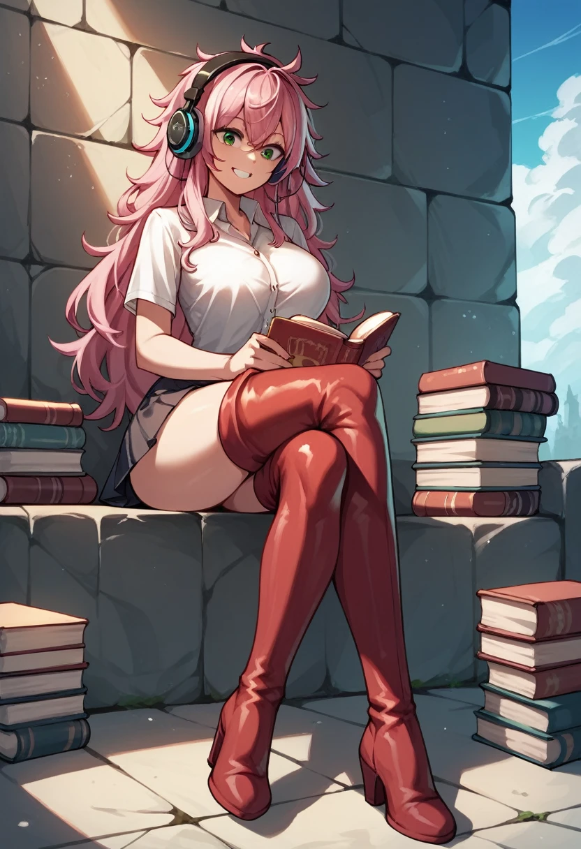 score_9, score_8_up, score_7_up, score_6_up, score_5_up, score_4_up, source_anime, 1girl, sit, headphones, pink hair, long hair, big breasts, green eyes, smile, messy hair, reading books, wardrobe, crossed legs, white shirt, skirt, thigh high boots, red boots, platforms, day, dungeon, best quality, best res, 4K UHD,
 