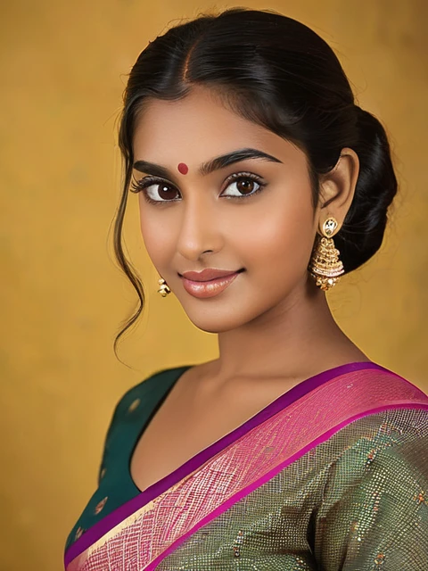 Maya is 18 year old indian girl. Maya stands tall at 70 inches (178 cm) and weighs 180 pounds (82 kg). Her chest measures 44 inches (112 cm), waist 38 inches (97 cm), and hips 46 inches (117 cm). She has intense hazel eyes that reflect her strong spirit, framed by thick, naturally arched eyebrows. Her broad and prominent nose adds to her distinctive look. Maya's full, expressive lips often wear a confident smile. Her medium-sized ears are adorned with simple earrings. Her thick, wavy, dark brown hair is often styled in a loose bun. Her deep tan skin tone gives her a powerful presence. Maya's tall and robust build commands attention, and her warm smile makes her approachable and friendly