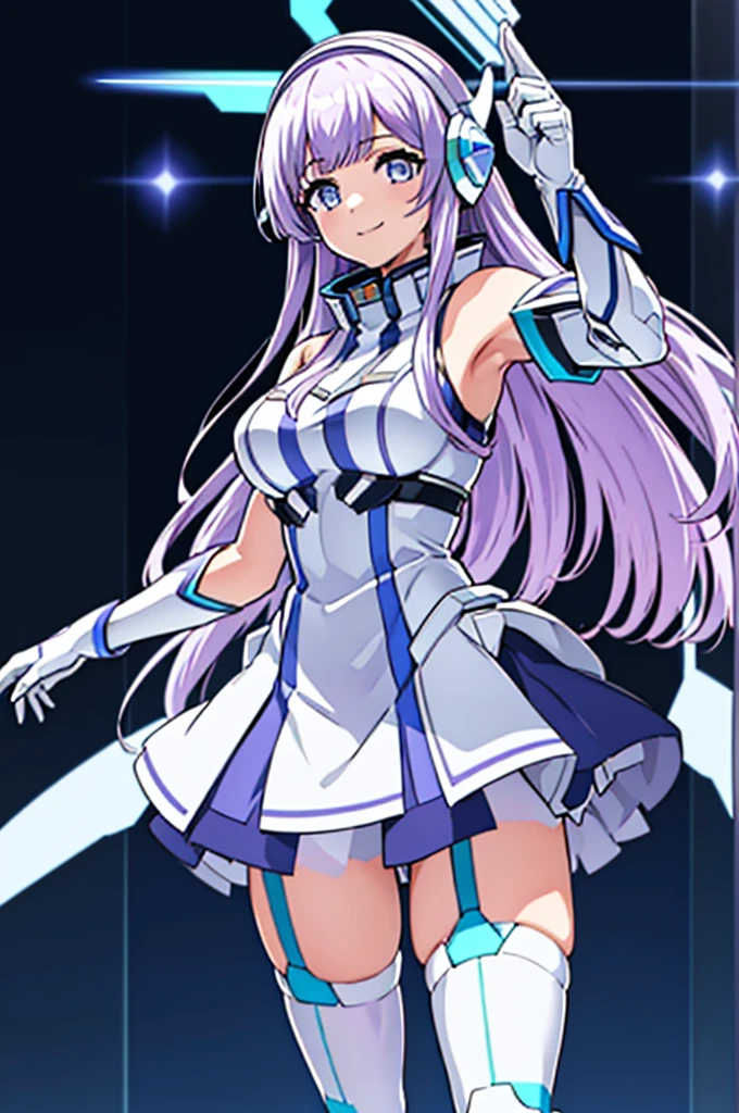 Mecha Wings、White and blue skirt、Accentuated thighs、White tights、chest、Beautiful light purple hair、1 girl、solo girl、Thick thighs、is、Frame Arms Girl、Alice Gere Aegis、White Armor、Blue and purple lines、income、headphone、hand on own chest、smile