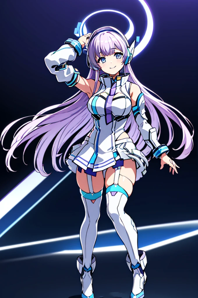 Mecha Wings、White and blue skirt、Accentuated thighs、White tights、chest、Beautiful light purple hair、1 girl、solo girl、Thick thighs、is、Frame Arms Girl、Alice Gere Aegis、White Armor、Blue and purple lines、income、headphone、hand on own chest、smile
