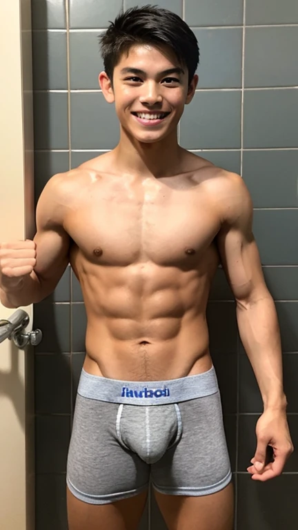 Japanese men、、Muscles and smooth skin、Very short black hair、Relaxed smile、Light-colored boxer briefs、The whole body is well visible、Fist pump in the bathroom