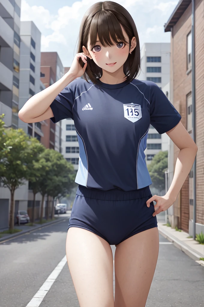 masterpiece, best quality, highres, aanene, short hair, buruma,gym uniform, standing, cowboy shot, outdoors, ahegao,nsfw,